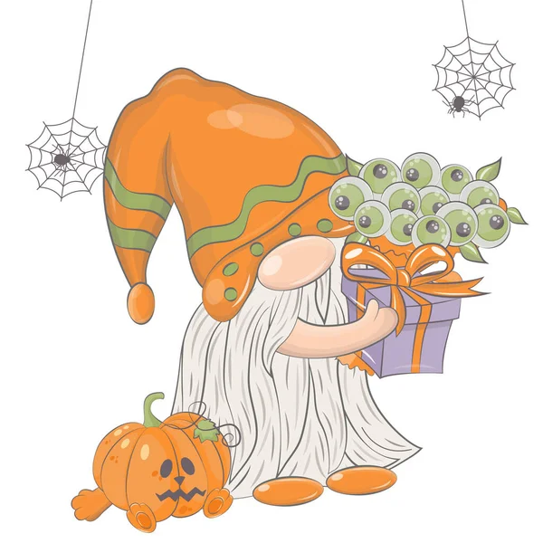 Illustrazione Gnomo Halloween Con Zucca Illustrazione Vettoriale Halloween Carino Piccolo — Vettoriale Stock