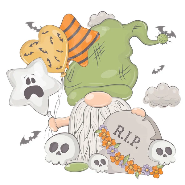 Gnomo Halloween Con Teschi Dei Cartoni Animati Illustrazione Vettoriale Halloween — Vettoriale Stock