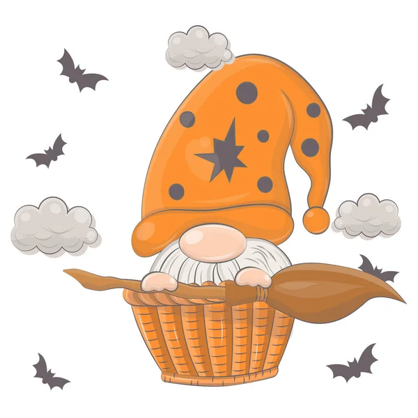 Illustrazione Halloween Uno Gnomo Con Una Scopa Illustrazione Vettoriale Halloween — Vettoriale Stock