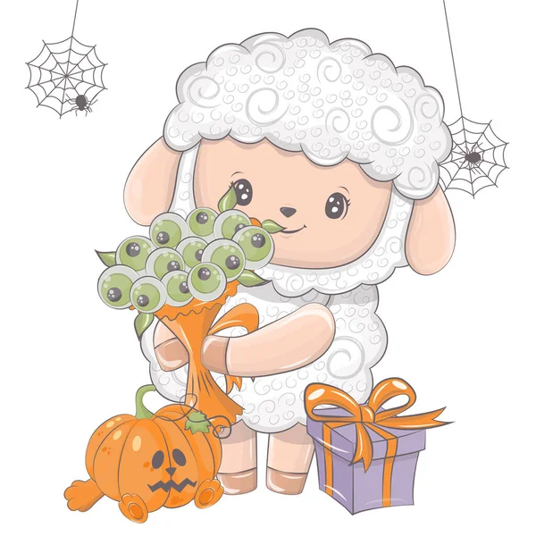 Illustrazione Pecore Halloween Con Zucca Illustrazione Vettoriale Dell Animale Halloween — Vettoriale Stock