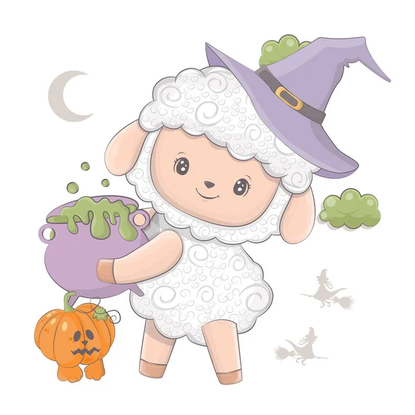 Kreslené Čarodějnické Ovce Dýní Vektorová Ilustrace Halloweenského Zvířete Roztomilé Malé — Stockový vektor
