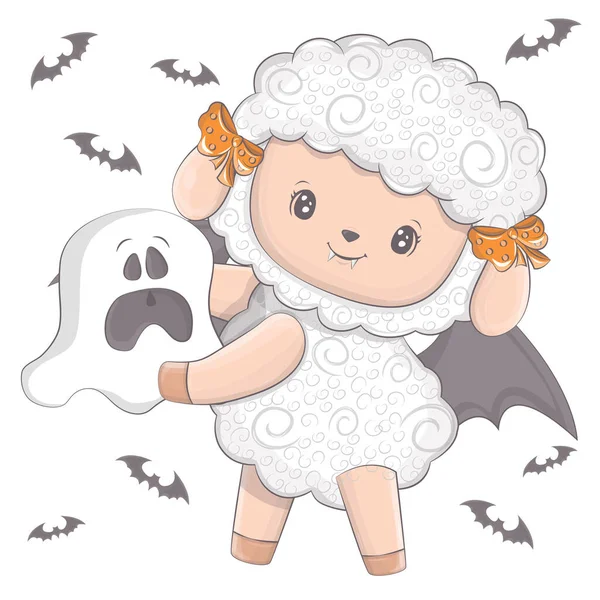 Halloween Ovce Duchem Vektorová Ilustrace Halloweenského Zvířete Roztomilé Malé Ilustrace — Stockový vektor