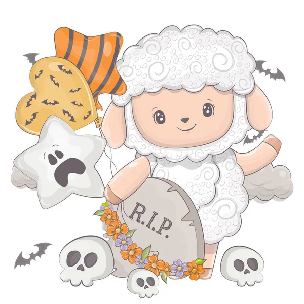 Pecora Halloween Con Teschi Dei Cartoni Animati Illustrazione Vettoriale Dell — Vettoriale Stock