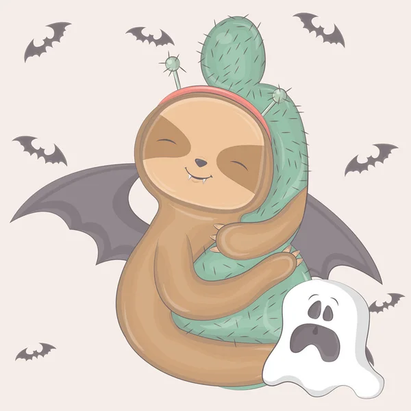 Bradipo Halloween Con Fantasma Illustrazione Vettoriale Dell Animale Halloween Carino — Vettoriale Stock