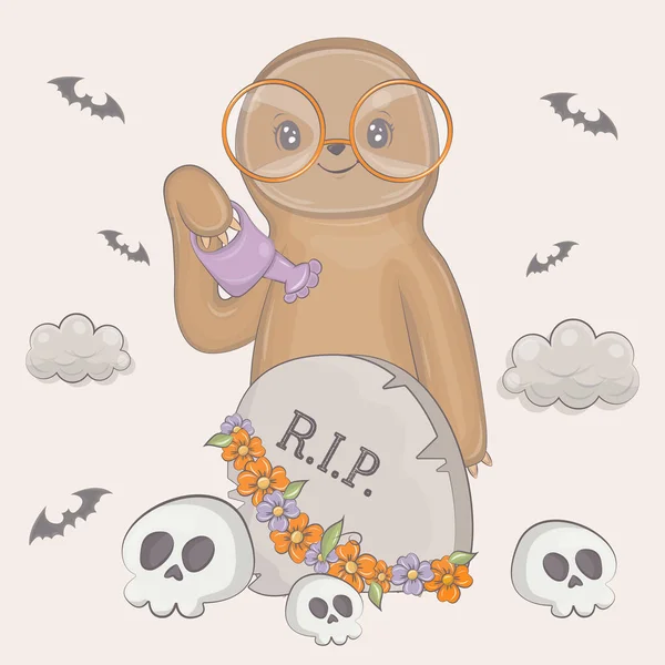 Bradipo Halloween Con Teschi Dei Cartoni Animati Illustrazione Vettoriale Dell — Vettoriale Stock