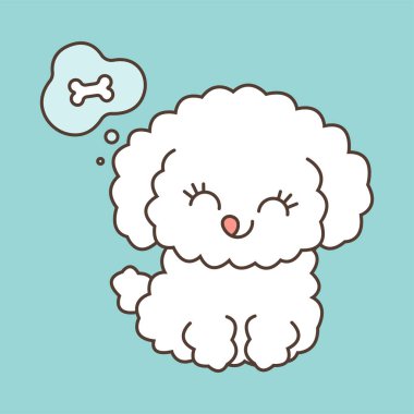 Komik Bichon Frise bir kemik düşlüyor. Çocuklar için küçük şirin bir köpek tasviri, bebek kitabı, peri masalları, örtüler, bebek partisi davetiyesi, tekstil tişörtü. Şirin bir evcil hayvanın vektör çizimi.