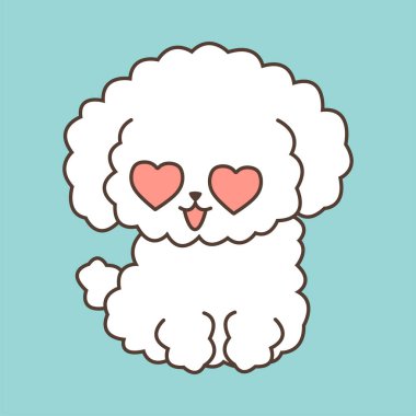 Sevgi dolu gözlerle Bichon Frise. Çocuklar için küçük şirin bir köpek tasviri, bebek kitabı, peri masalları, örtüler, bebek partisi davetiyesi, tekstil tişörtü. Şirin bir evcil hayvanın vektör çizimi.