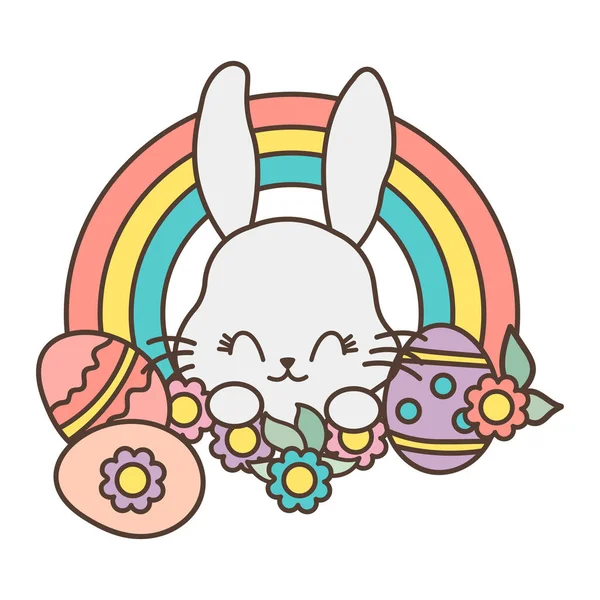 Милый Кролик Пасхальными Яйцами Радугой Симпатичная Маленькая Иллюстрация Кролика Детей — стоковый вектор