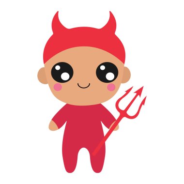 Şeytan kostümü giymiş bir çocuğun tasviri. Vektör Cadılar Bayramı illüstrasyonu. Çocuklar için küçük şirin bir illüstrasyon Cadılar Bayramı, peri masalları, kapaklar, bebek partisi, tekstil tişörtü, bebek kitabı..