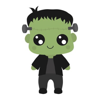 Zombi kostümü giymiş bir çocuğun resmi. Vektör Cadılar Bayramı illüstrasyonu. Çocuklar için küçük şirin bir illüstrasyon Cadılar Bayramı, peri masalları, kapaklar, bebek partisi, tekstil tişörtü, bebek kitabı..