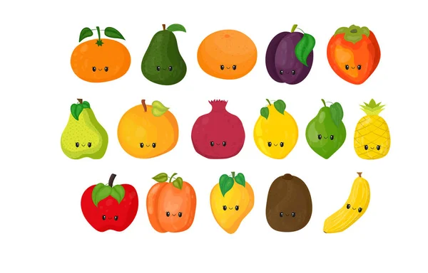 Conjunto Frutas Kawaii Bonitos Estilo Coleção Dezesseis Ilustrações Frutos Bonitos — Vetor de Stock