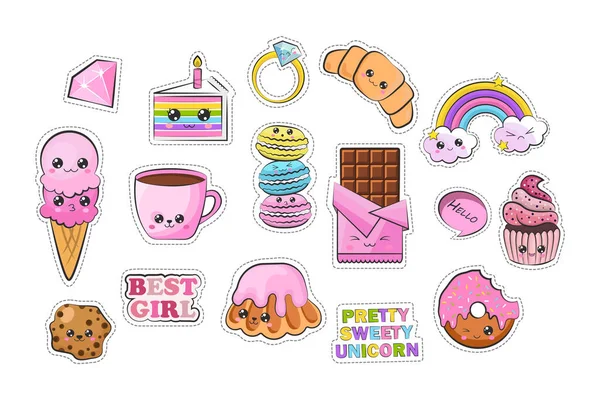 Şirin Kawaii Çıkartmaları Çizimi. Koleksiyon on altı farklı kawaii elementinden oluşur. Şirin bir karakterin vektör çizimi. Çocuklar için şirin bir illüstrasyon., 