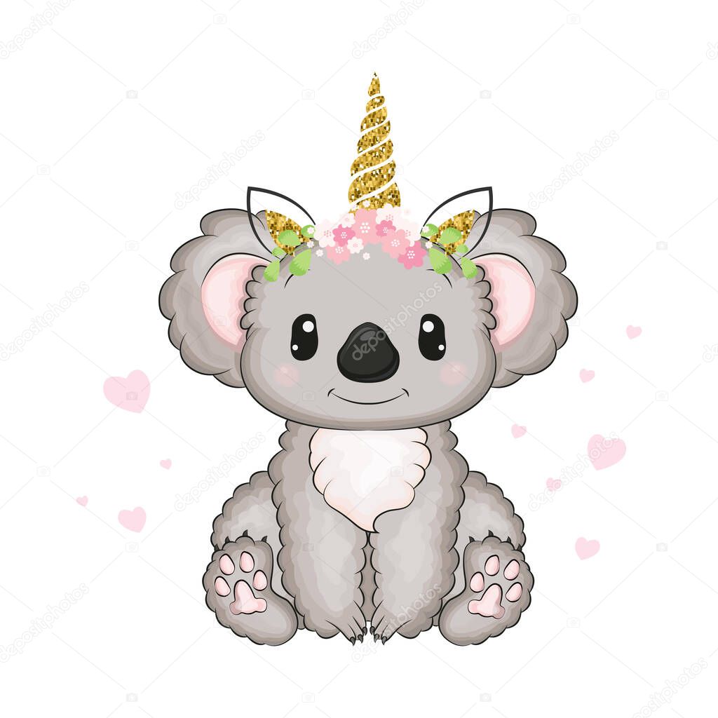 Clip art of a koala with a unicorn horn on its head. Vector illustration of a cute animal. Cute little illustration of koala for kids, baby book, fairy tales, covers, baby shower invitation, textile.
