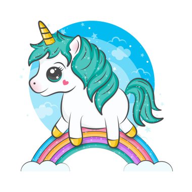 Gökkuşağındaki tek boynuzlu atın şirin bir çizimi. Bir hayvanın vektör çizimi. Çocuklar için şirin bir hayvan tasviri, bebek kitabı, peri masalları, bebek partisi davetiyesi, tekstil tişörtü, çıkartma..