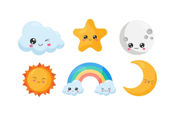 Şirin Kawaii Gökyüzü Nesneleri seti. Set bulut, gökkuşağı, yıldız, ay ve güneş gibi altı sevimli nesne içerir. Çocuklar için küçük şirin bir illüstrasyon, bebek kitabı, peri masalları, kapaklar, bebek partisi davetiyesi.