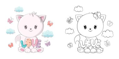 Clipart Cat Çok Renkli ve Siyah-Beyaz. Aşk Yazıtları Şeklinde Balonlu Şirin Klip Sanatı Kedisi. Renkli Sayfalar, Çıkartmalar, Bebek Duşu, Parmak İzleri