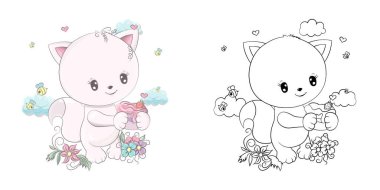 Şirin Kedicik Clipart İllüstrasyonu ve Siyah-Beyaz. Pençesinde Çilekli Kek olan Sanat Kedisi. Renkli Sayfalar, Çıkartmalar, Bebek Duşu, Giysiler için Parmak İzleri. 