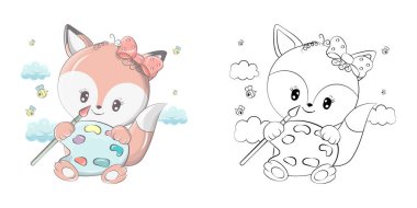Şirin Fox Clipart İllüstrasyonu ve Siyah-Beyaz. Paletli Clip Art Fox ve fırça. Etiketler, Bebek Duşu, Renkli Sayfalar, Giysiler için Parmak İzleri. 