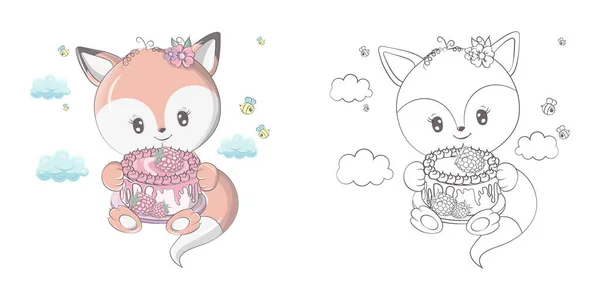 Cute Clipart Fox Illustration Coloring Page Clip Art Fox Raspberry — Stock Vector
