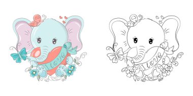 Clipart Fil Çok Renkli ve Siyah-Beyaz. Pençelerinde Kalp olan Sevimli Clip Art Elephant. Etiketler, Bebek Duşu, Renkli Sayfalar, Giysiler İçin Parmak İzleri