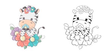 Zebra Clipart Çok Renkli ve Siyah-Beyaz. Renkli Çiçekler 'deki Güzel Clip Art Zebra. Giysiler, Çıkartmalar, Bebek Duşu, Renkli Sayfalar İçin Hayvan Resimleri. 