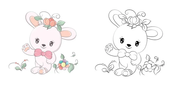 Roztomilý Bunny Clipart Pro Omalovánky Ilustrace Šťastný Klip Králík Květinami — Stockový vektor