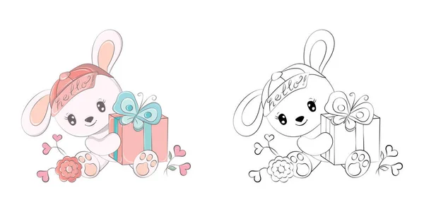 Clipart Rabbit Multicred和Black White 带着礼物的可爱剪贴艺术兔子 用于贴纸 婴儿淋浴器 彩色纸 服装印模的动物的病媒图解 — 图库矢量图片