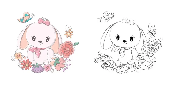 かわいいウサギのイラストとぬりえページのために 漫画クリップアートウサギ花に囲まれています ステッカー ベビーシャワー ぬりえページ 服のためのプリントのための動物のベクトルイラスト — ストックベクタ