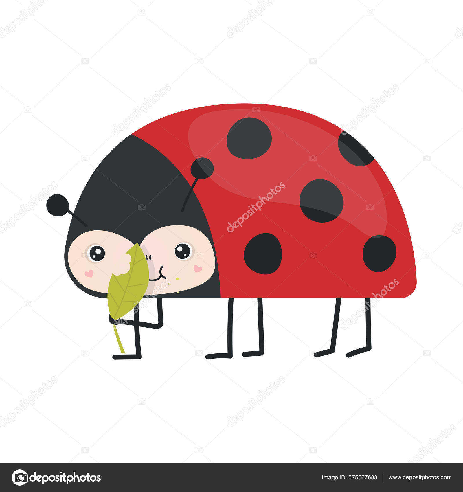 卡通风格的可爱的Clipart Ladybug示例卡通剪贴画瓢虫吃树叶用于贴纸的动物的病媒图解婴儿淋浴邀请函服装印鉴图库矢量图©ArtVarStudio  575567688, image size:1600x1700