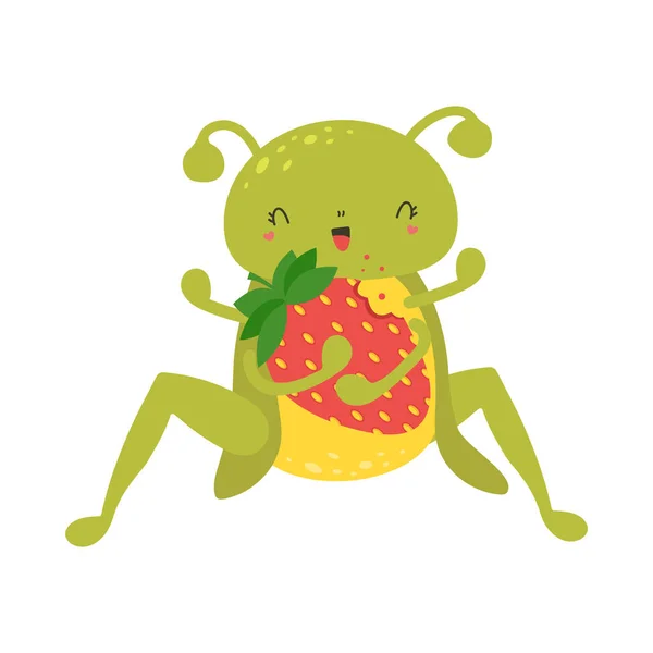 Grasshopper Clipart Cute Cartoon Style Clip Art Grasshopper Eats Strawberries — стоковый вектор