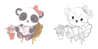 Şirin Panda Clipart İllüstrasyonu ve Siyah-Beyaz. Komik Klip Sanatı Pandası bir kitap okuyor. Renkli Sayfalar, Çıkartmalar, Bebek Duşu, Giysiler için Parmak izleri. 
