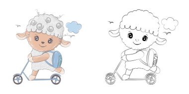Renkli Sayfa ve Renkli İllüstrasyon için Koyun Seçimi. Scooter 'daki sevimli Clip Art Lamb. Renkli Sayfalar için Hayvan Resimleri, Giysiler için Parmak izleri, Çıkartmalar, Bebek Duşu. 