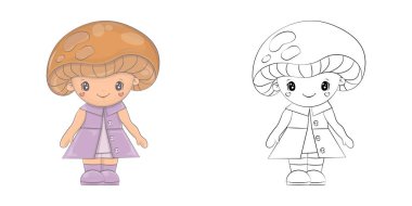 Şirin Mantar Clipart İllüstrasyonu ve Siyah-Beyaz. Komik Klip Sanat Mantarı. Renklendirme Sayfaları, Etiketler, Bebek Duşu, Giysiler için Parmak izleri. 