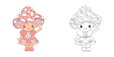 Sevimli Clipart Mantar Çizimi ve Renklendirme Sayfası. Çizgi film Klip Sanat Mantarı. Etiketler, Bebek Duşu, Renkli Sayfalar, Giysiler için Yazılar. 