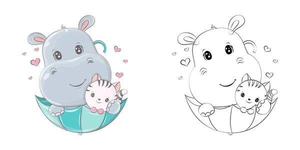 可爱的Clipart Hippo图解和彩色页面 卡通剪贴艺术希波在一个伞与一只小猫 用于贴纸 彩色页 服装印模的动物的病媒图解 — 图库矢量图片