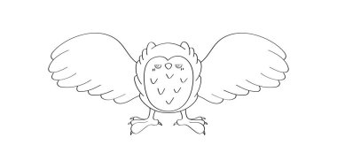 Çizgi film tarzında Baykuş 'a tırman. Şirin Klip Sanatı Boyama Sayfası Baykuşu Uçuyor. Çıkartmalar, Bebek Duşu Davetiyesi, Giysiler için Parmak İzleri, Tekstil için Bir Kuşun Vektör İllüstrasyonu. 