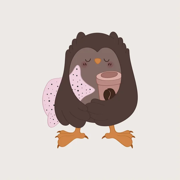 Owl Clipart Character Design Adorable Clip Art Owl Cup Coffee — Vetor de Stock
