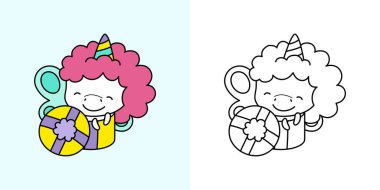 Kawaii Tekboynuz Clipart Çok Renkli ve Siyah-Beyaz. Şirin Kawaii Tekboynuzu. Etiketler için bir Kawaii 'nin Vektör İllüstrasyonu, Giysiler için İzler, Bebek Duşu, Renkli Sayfalar. 