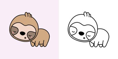 Sevimli Clipart Sloth Illustration ve Renklendirme Sayfası. Çizgi film Clip Art Sloth. Etiketler, Bebek Duşu, Renkli Sayfalar, Giysiler için Parmak İzleri. 