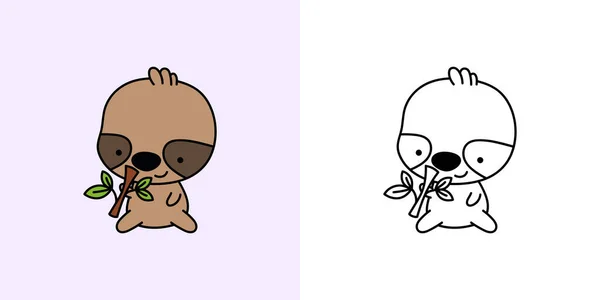 可爱的Clipart Sloth图解和着色页 卡通剪贴艺术懒惰 用于贴纸 婴儿淋浴器 彩色纸 服装印模的Kawaii动物的病媒图解 — 图库矢量图片