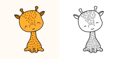 Set Clipart Giraffe Coloring Page and Colored Illustration. Clip Art Kawaii Giraffe. Vector Illustration of a Kawaii Animal for Coloring Pages, Prints for Clothes, Stickers, Baby Shower. 