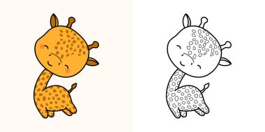 Clipart Giraffe Multicolored and Black and White. Cute Clip Art Girafe. Vector Illustration of a Kawaii Animal for Stickers, Baby Shower, Coloring Pages, Prints for Clothes. 
