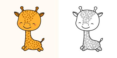Kawaii Clipart Girafe Illustration and For Coloring Page. Funny Kawaii Giraffe. Vector Illustration of a Kawaii Animal for Stickers, Baby Shower, Coloring Pages, Prints for Clothes. 