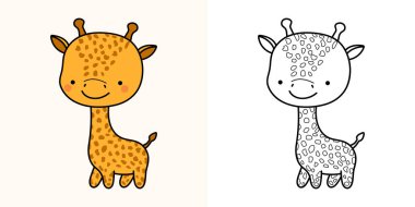 Giraffe Clipart for Coloring Page and Multicolored Illustration. Adorable Clip Art Giraffe. Vector Illustration of a Kawaii Animal for Coloring Pages, Prints for Clothes, Stickers, Baby Shower. 
