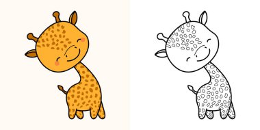 Cute Giraffe Clipart Illustration and Black and White. Funny Clip Art Giraffe. Vector Illustration of a Kawaii Animal for Coloring Pages, Stickers, Baby Shower, Prints for Clothes. 