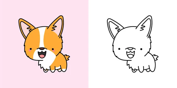 Zestaw Clipart Welsh Corgi Kolorowanki Kolorowe Ilustracji Klip Art Kawaii — Wektor stockowy