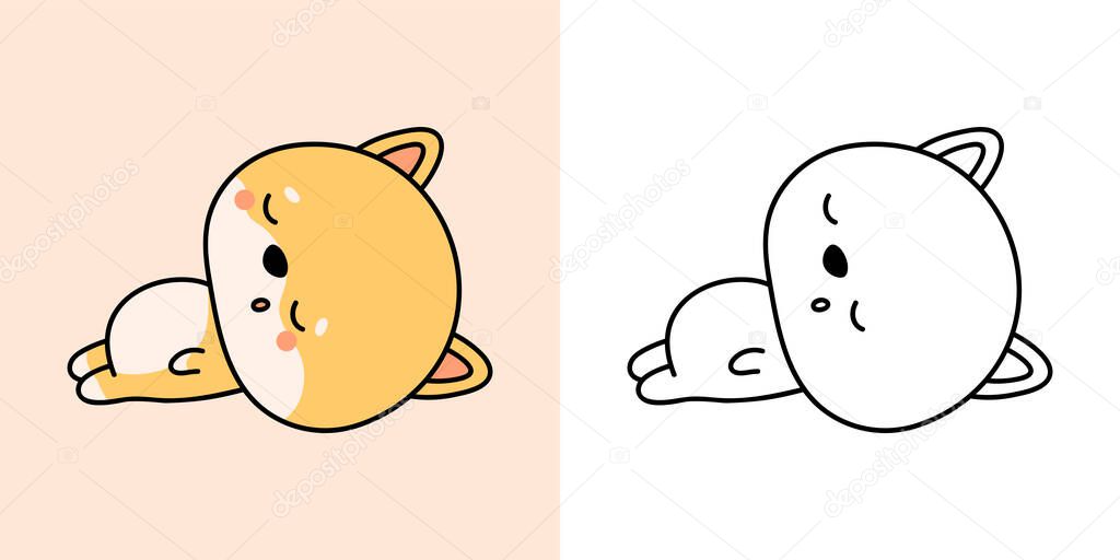 Kawaii Shiba Dog Clipart Multicolored and Black and White.  Cute Kawaii Shiba Inu. Vector Illustration of a Kawaii Shiba Inu Puppy for Stickers, Prints for Clothes, Baby Shower, Coloring Pages.