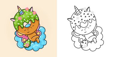 Şirin Tekboynuz Clipart İllüstrasyonu ve Siyah-Beyaz. Komik Clip Art Unicorn Donut. Renkli Sayfalar, Etiketler, Bebek Duşu, Giysiler İçin Parmak İzleri İçin Kawaii Hayvanı Gösterimi.