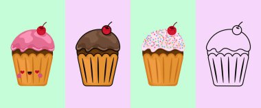 Clipart Cupcake Çok Renkli ve Siyah-Beyaz. Şirin Kek Sanat Pastası. Etiketler, Bebek Duşu, Renkli Sayfalar, Giysiler için Yazılar.