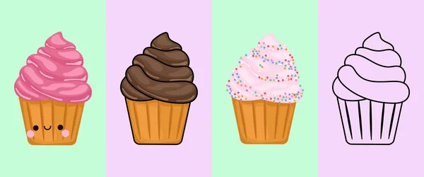 Cupcake Clipart Multicolored Black White Beautiful Clip Art Cake Vector — Vetor de Stock